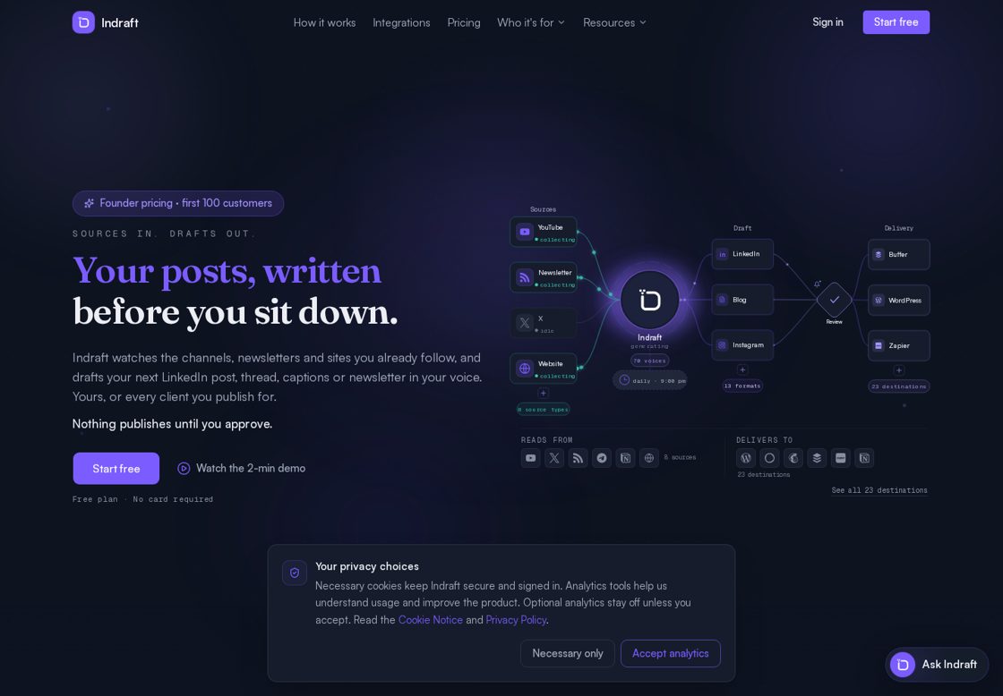 Indraft homepage, first screen