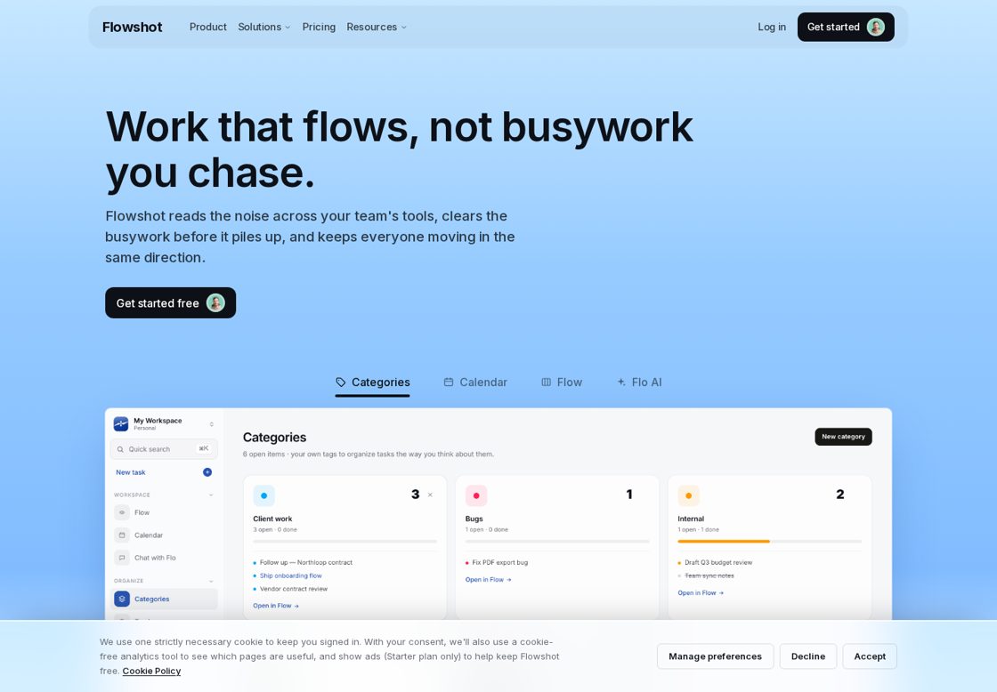 Flowshot homepage, first screen