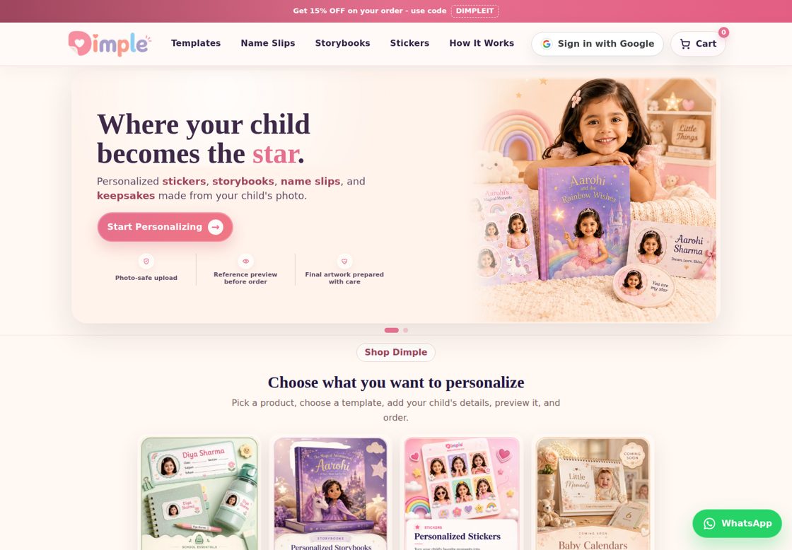 Dimple homepage, first screen
