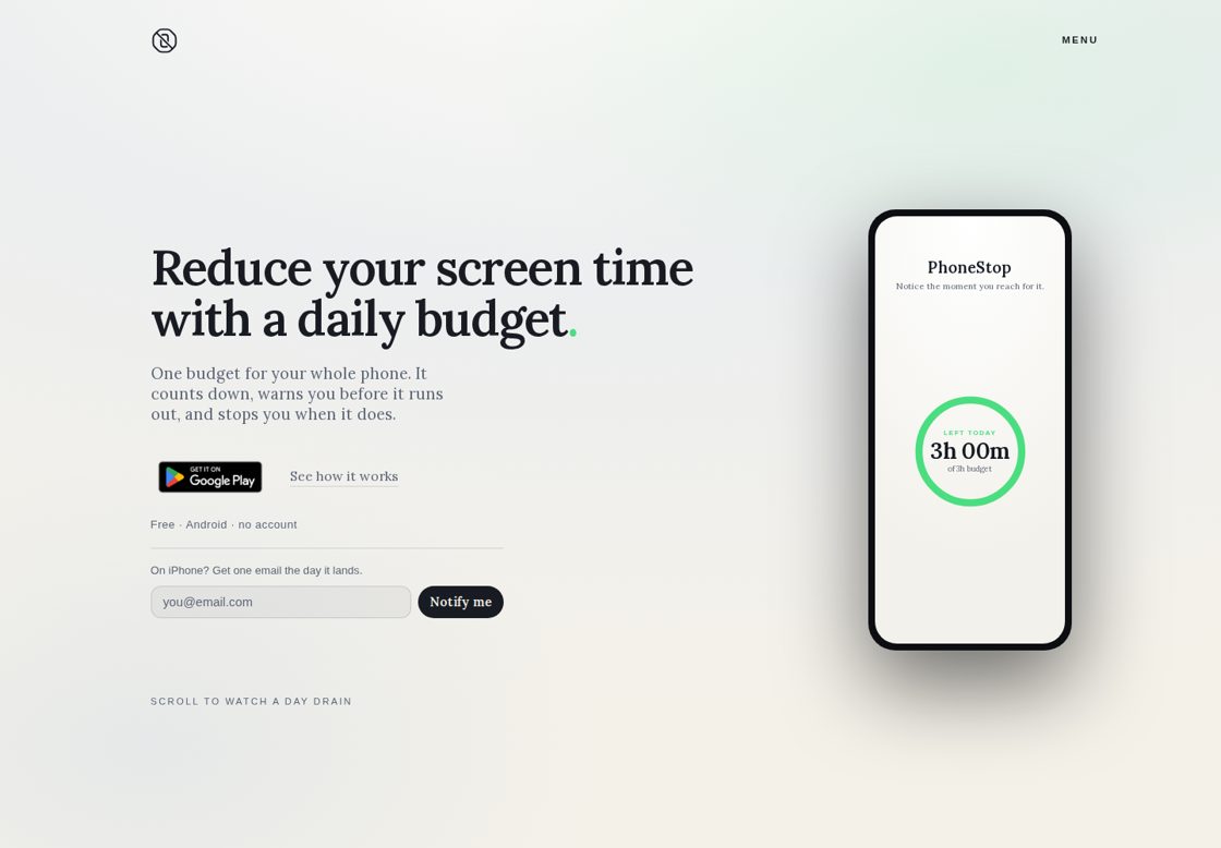 PhoneStop homepage, first screen