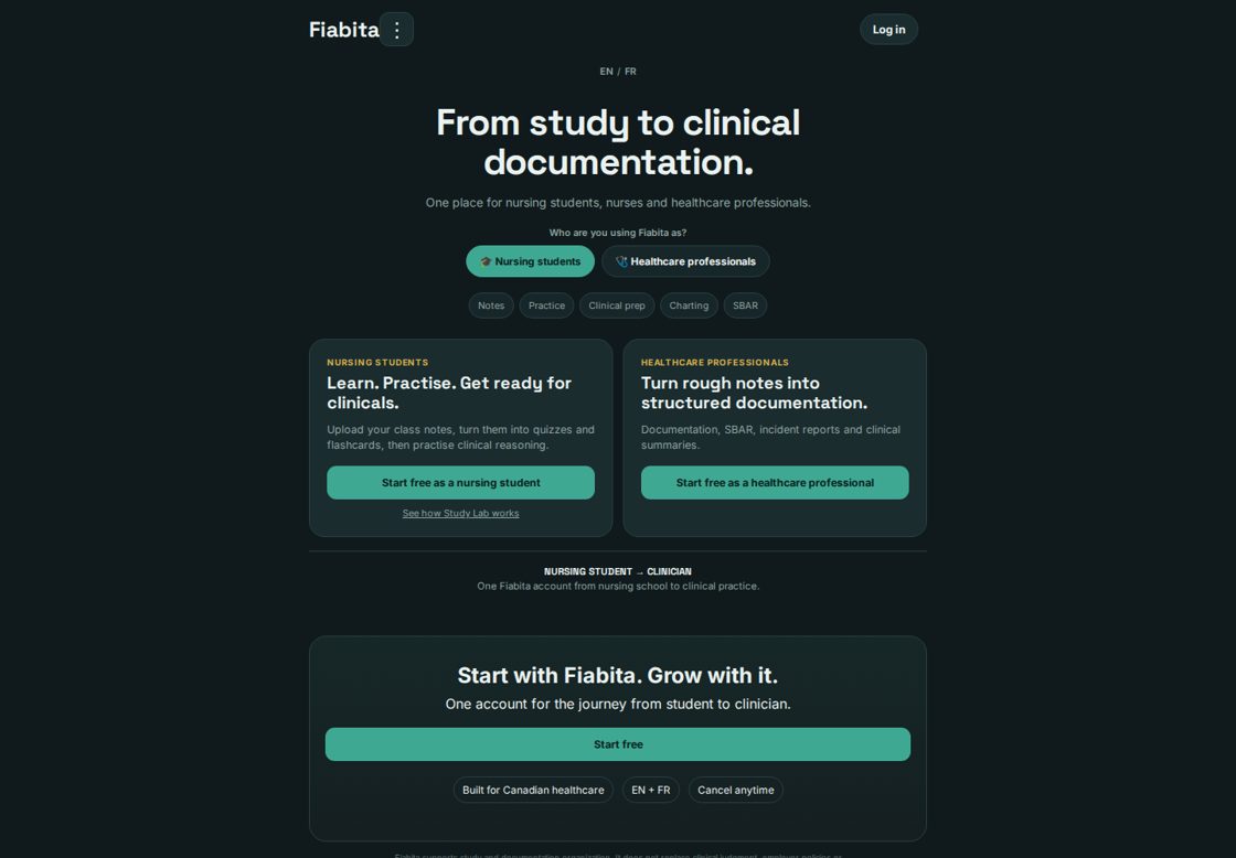 Fiabita homepage, first screen