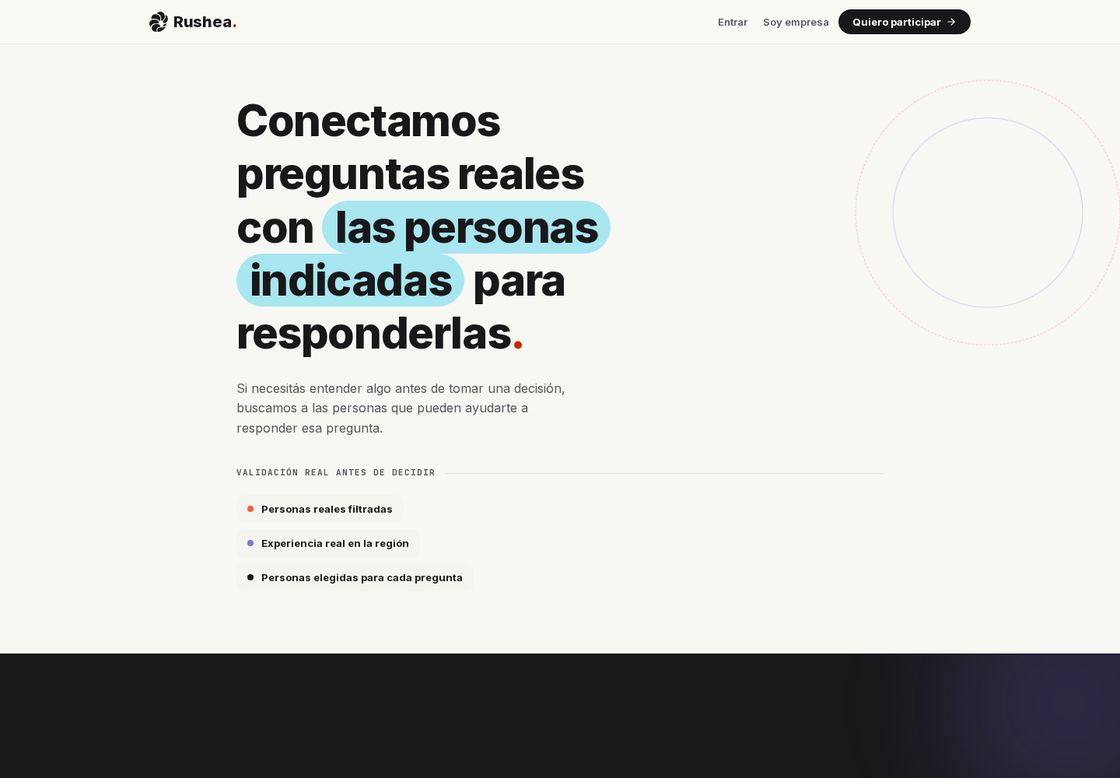 Rushea homepage, first screen