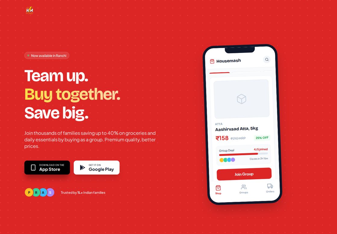 Housemash homepage, first screen