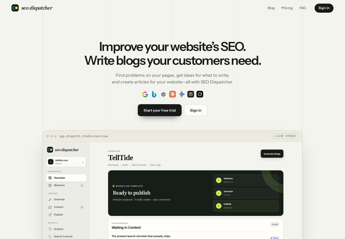 SEO Dispatcher homepage, first screen