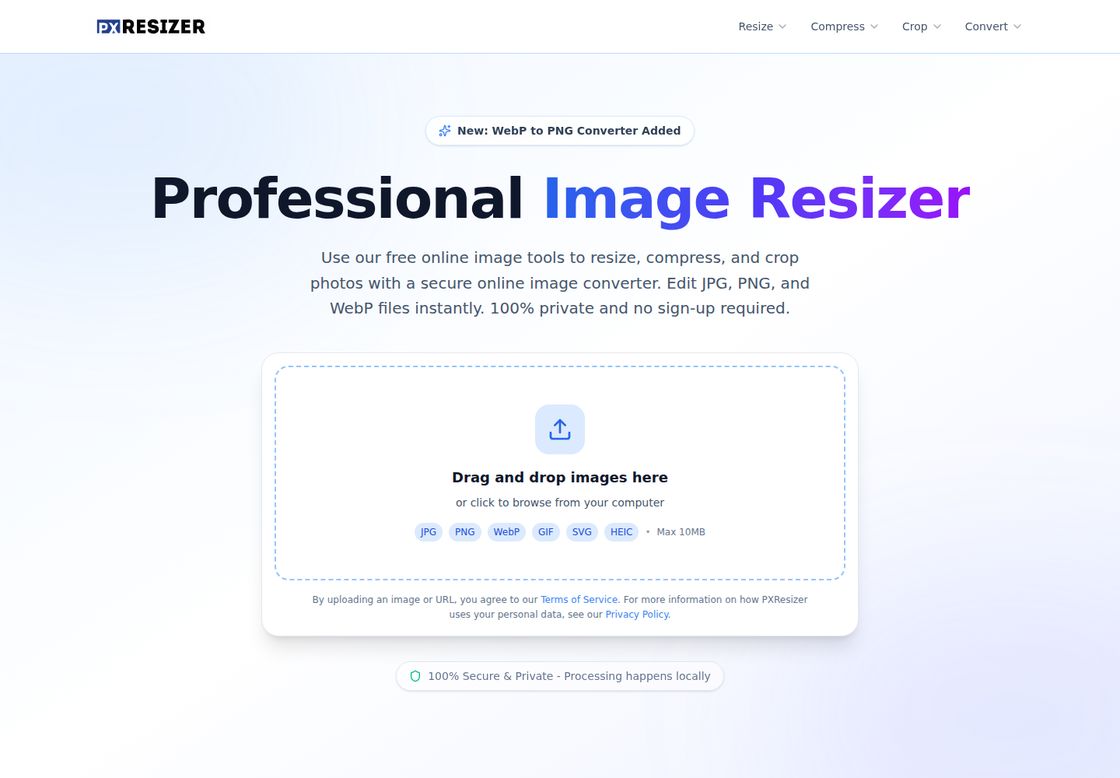 PX Resizer homepage, first screen
