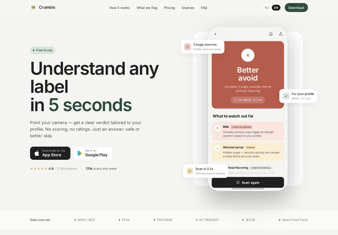Crumbio homepage, first screen