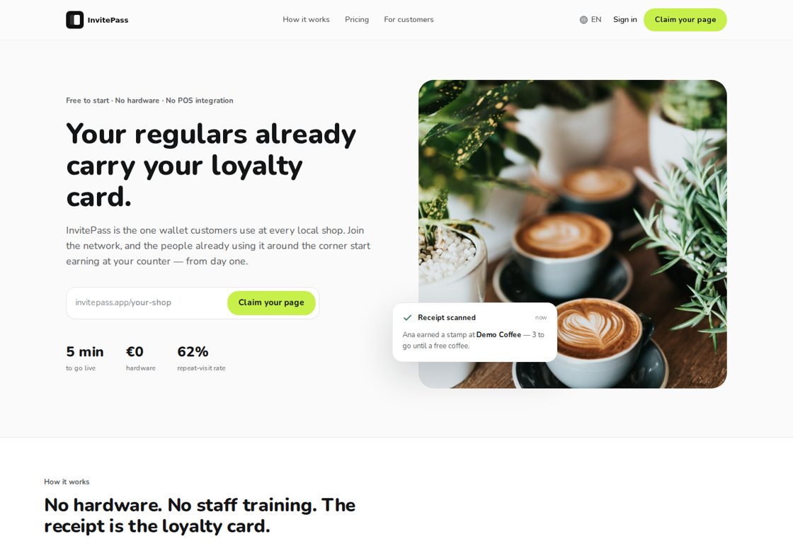 InvitePass homepage, first screen