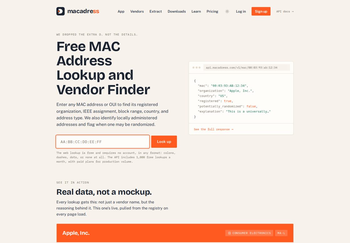 MAC Address Lookup homepage, first screen
