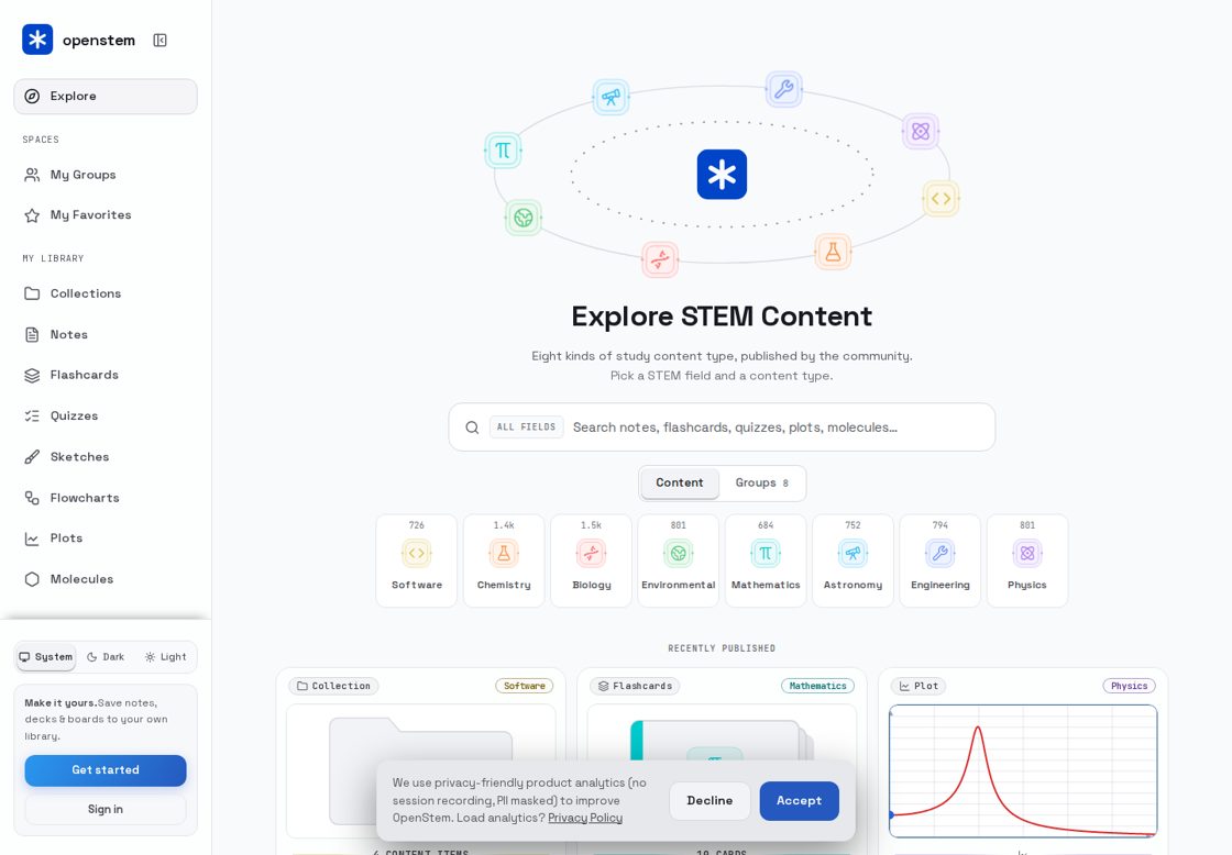 openstem homepage, first screen