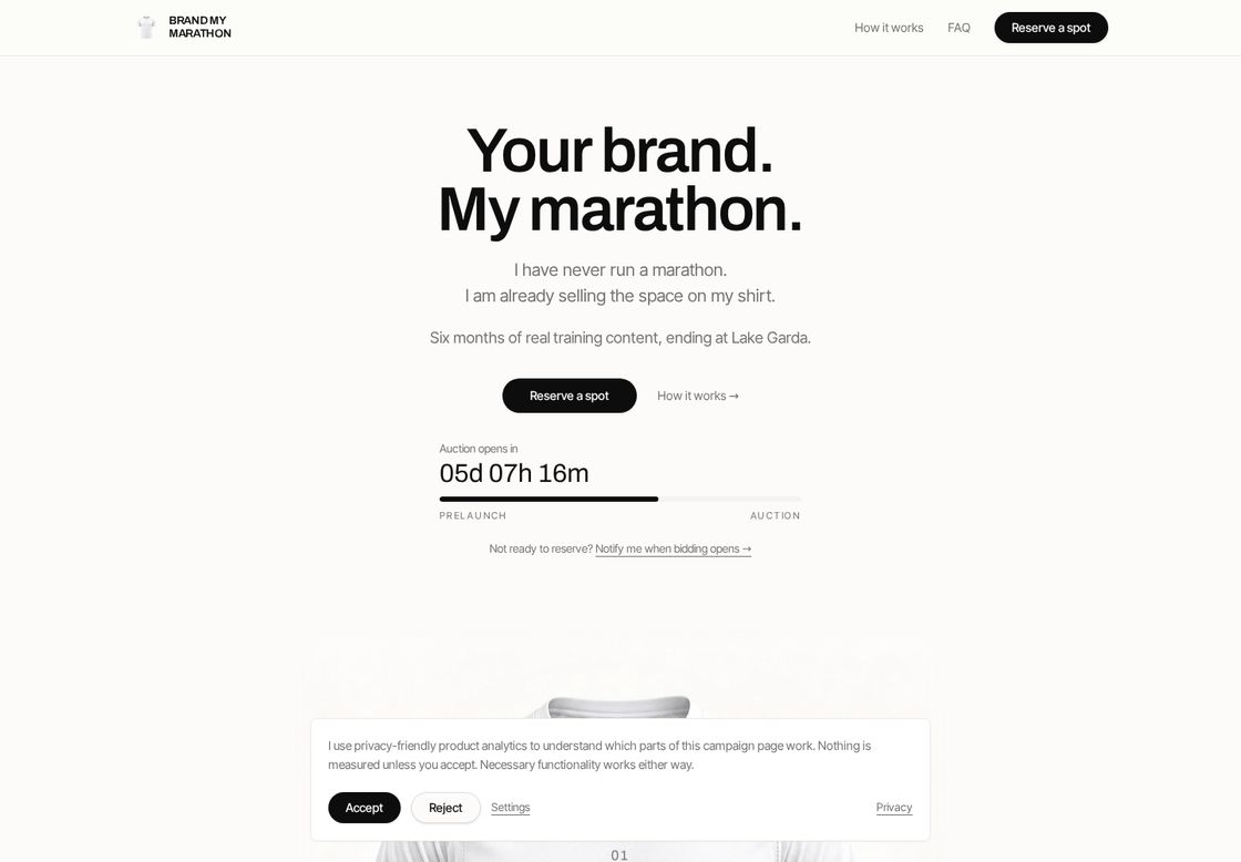BrandMyMarathon homepage, first screen