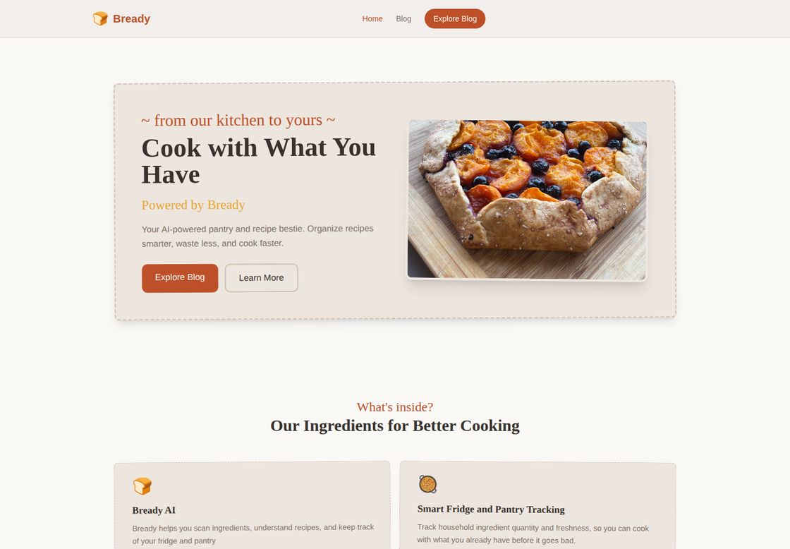Bready homepage, first screen