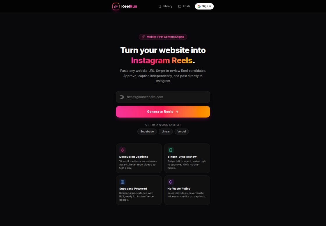ReelRun homepage, first screen
