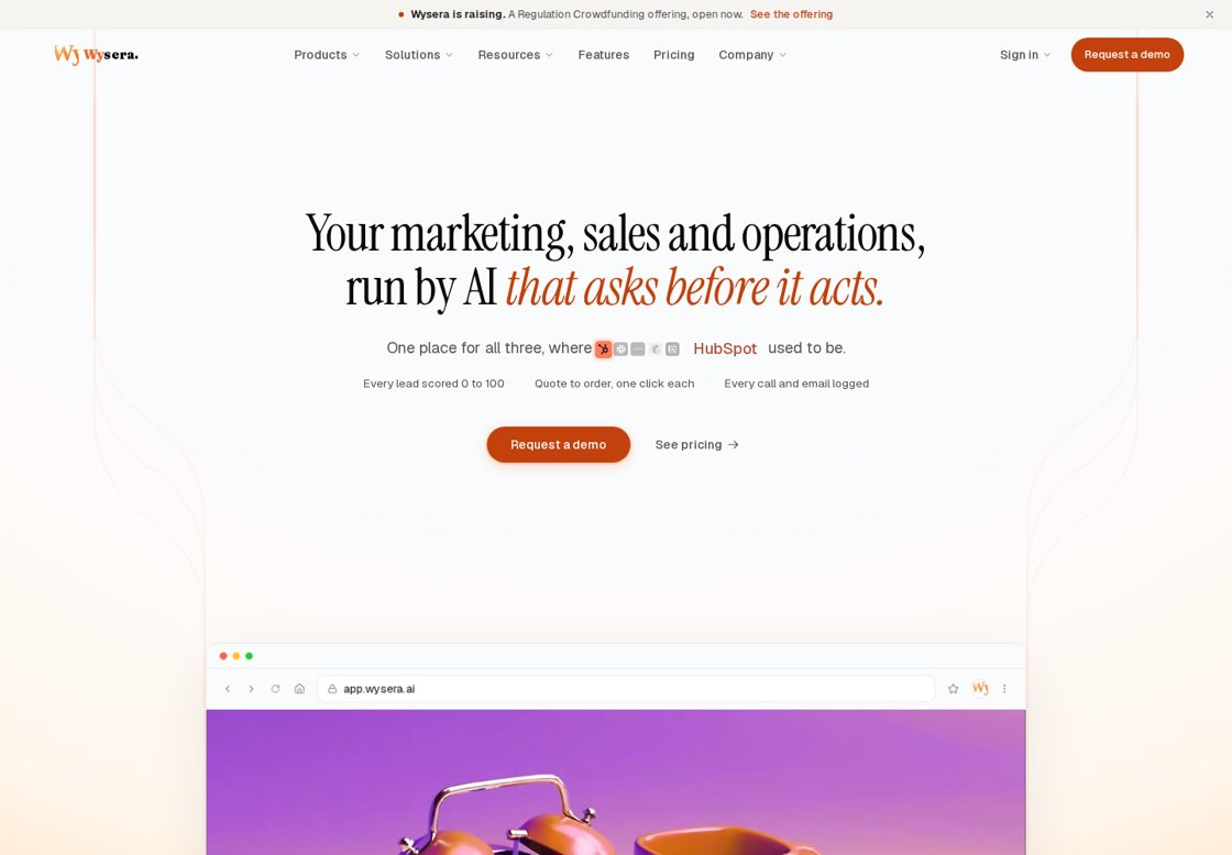 Wysera homepage, first screen