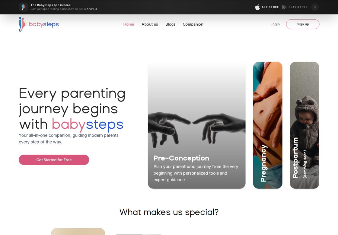 BabySteps homepage, first screen