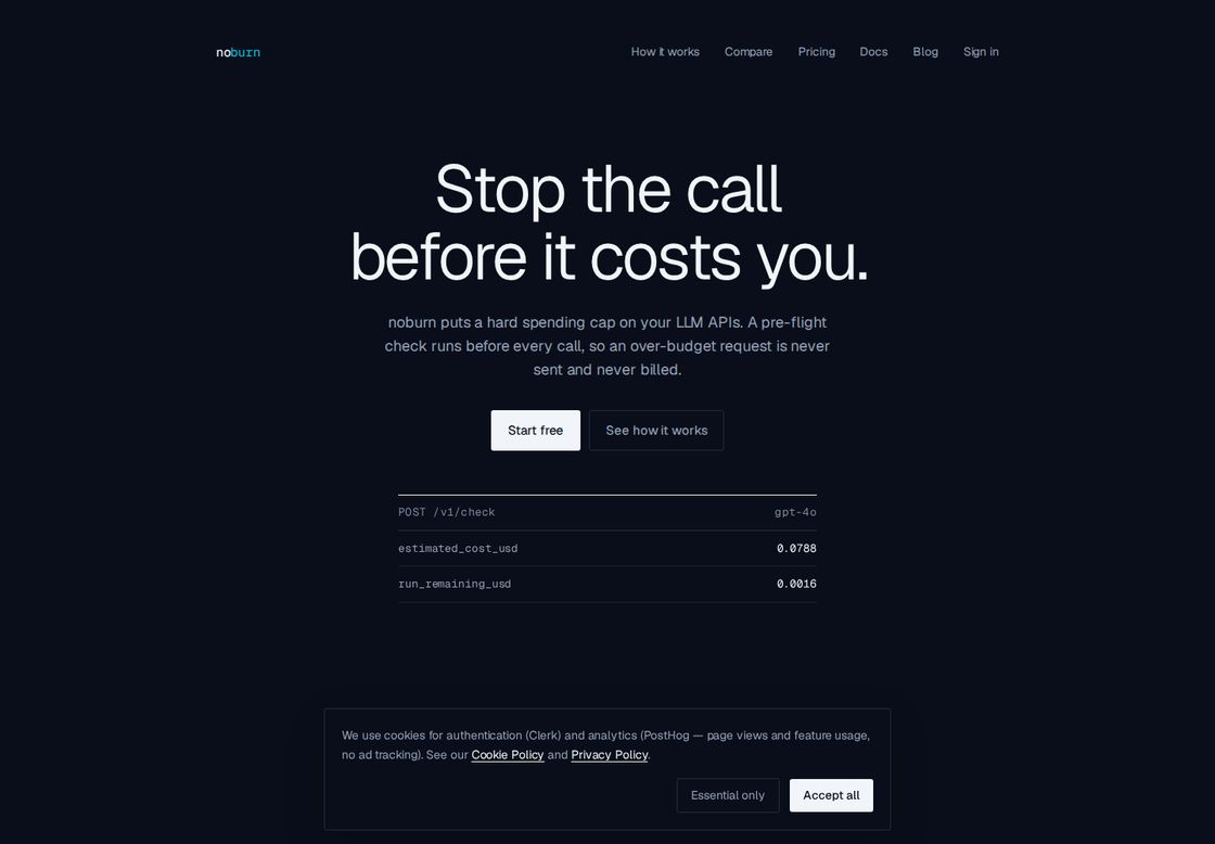 NoBurn homepage, first screen