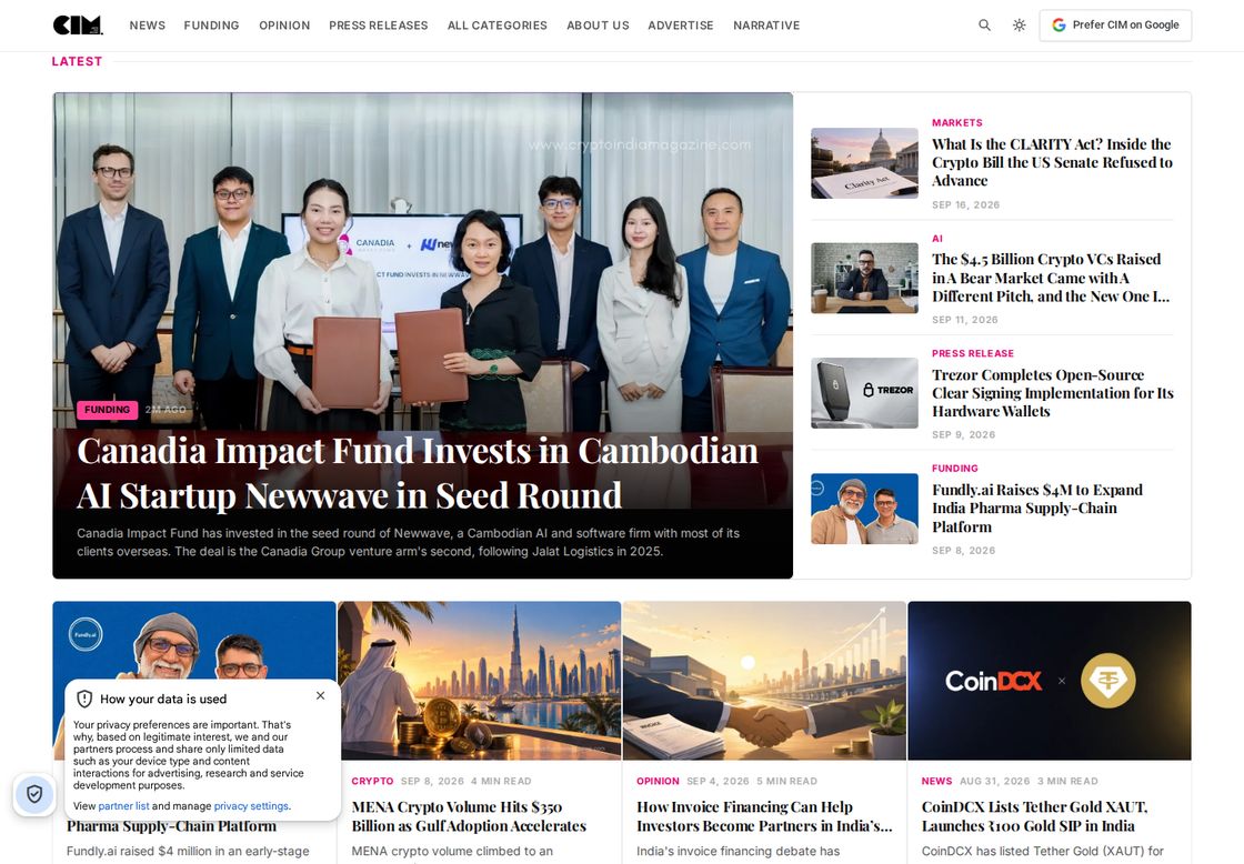 Crypto India Magazine homepage, first screen