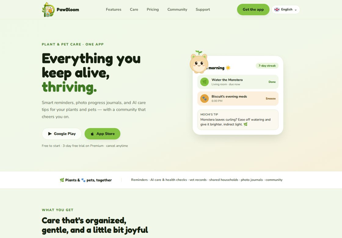 PawBloom homepage, first screen