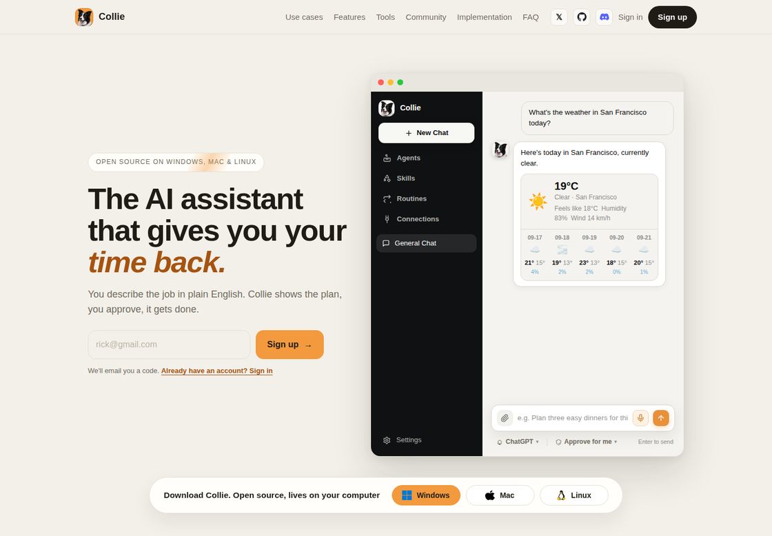 Collie homepage, first screen
