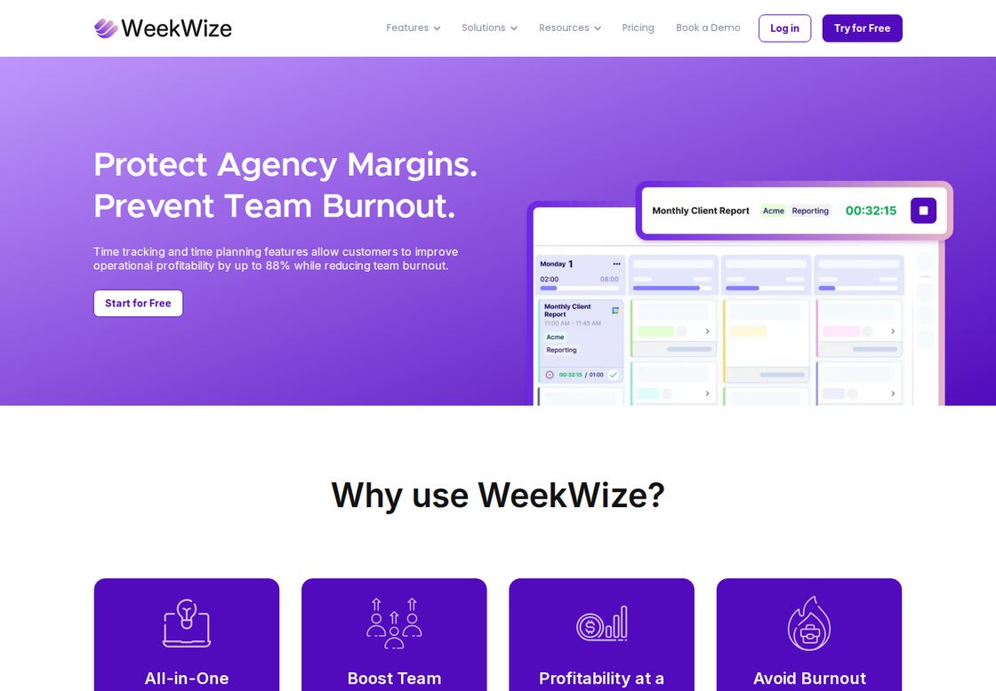 WeekWize homepage, first screen