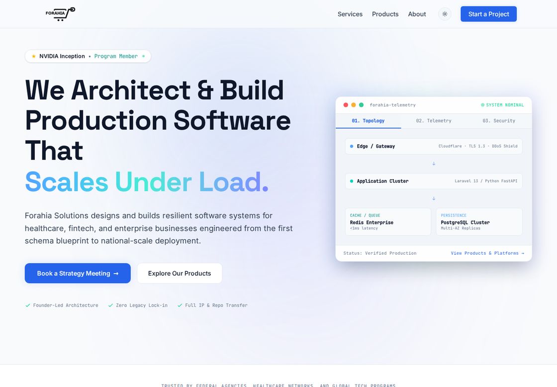Forahia Solutions homepage, first screen