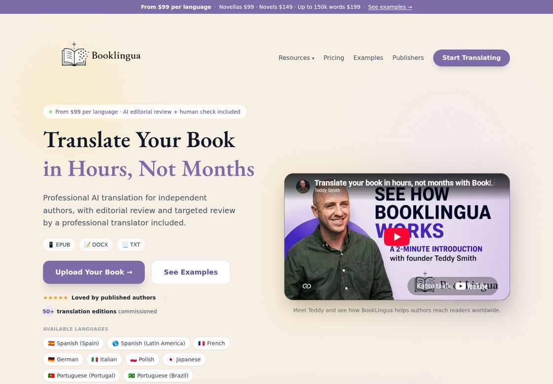 Booklingua homepage, first screen