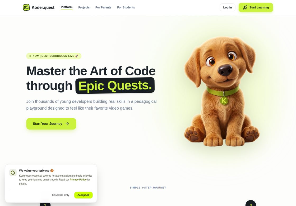 Koder Quest homepage, first screen