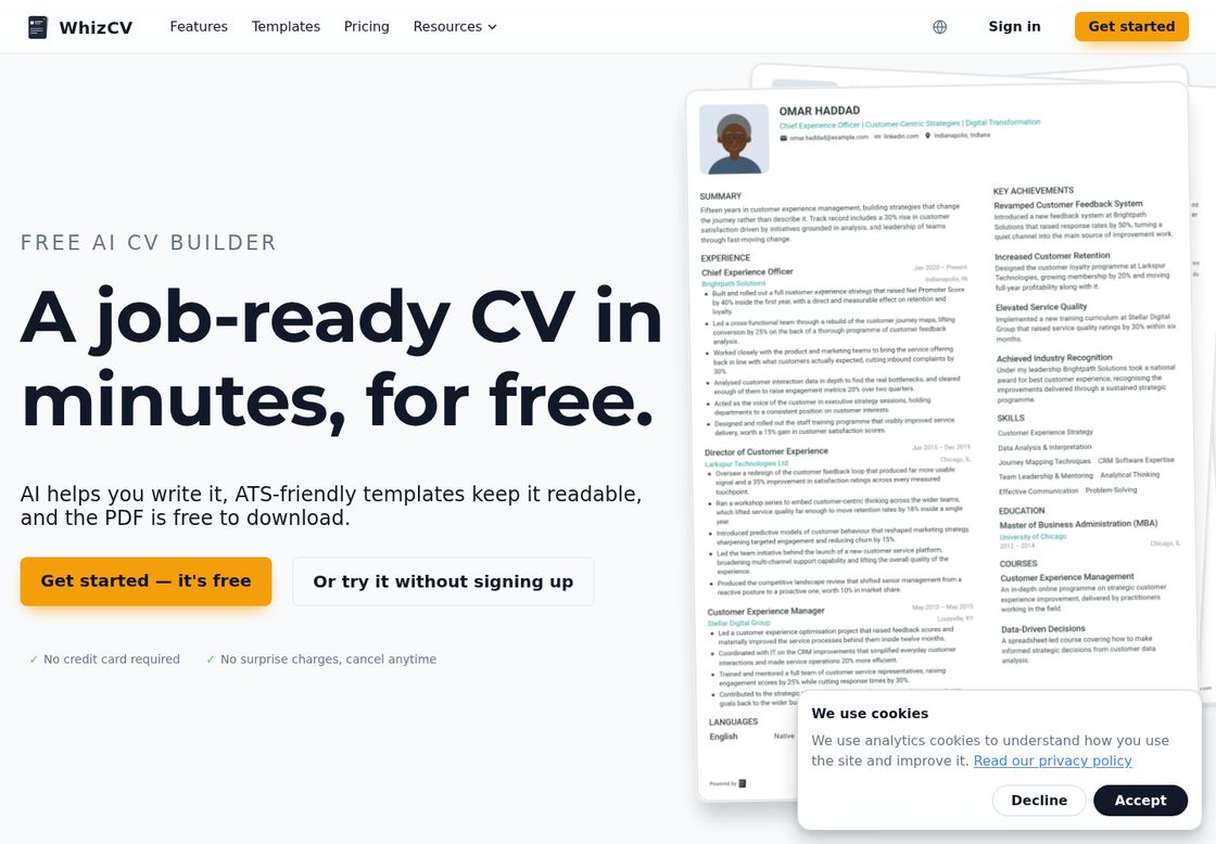 WhizCV homepage, first screen