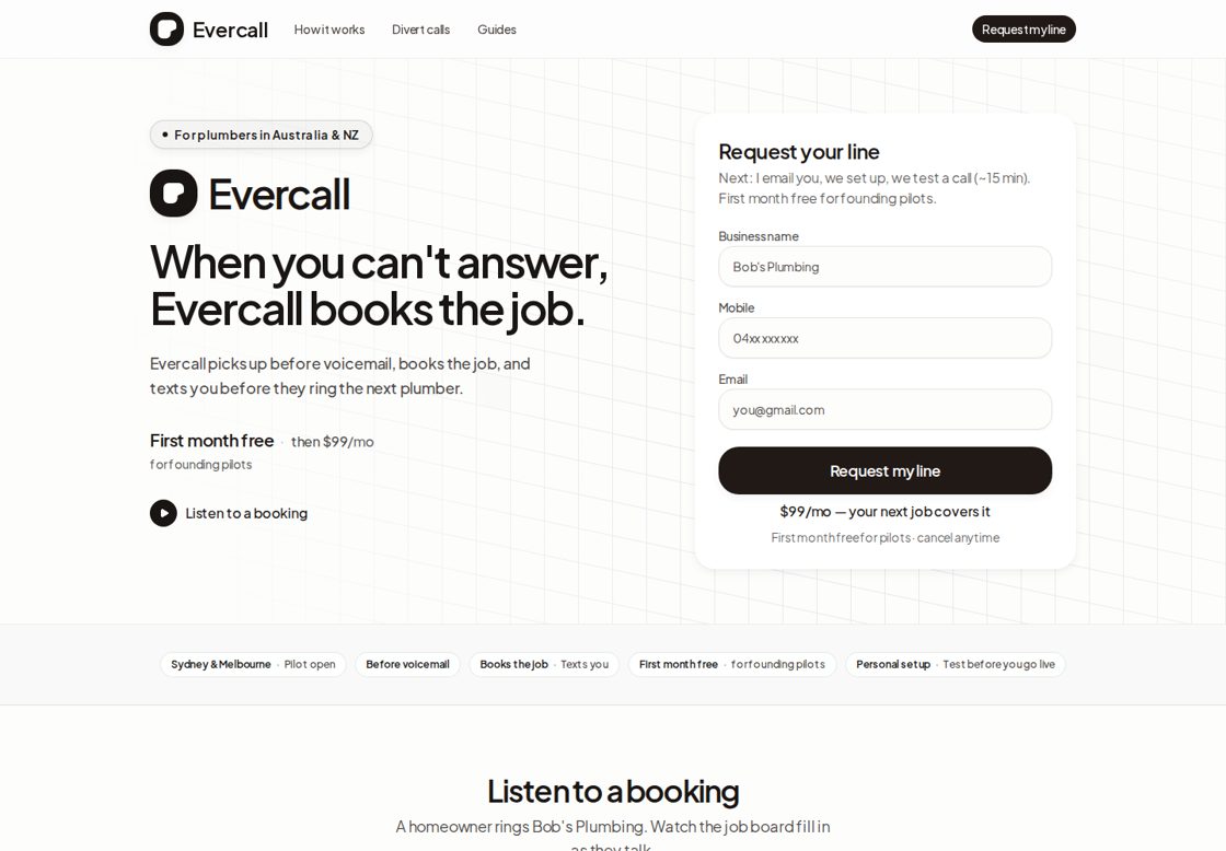 Evercall homepage, first screen