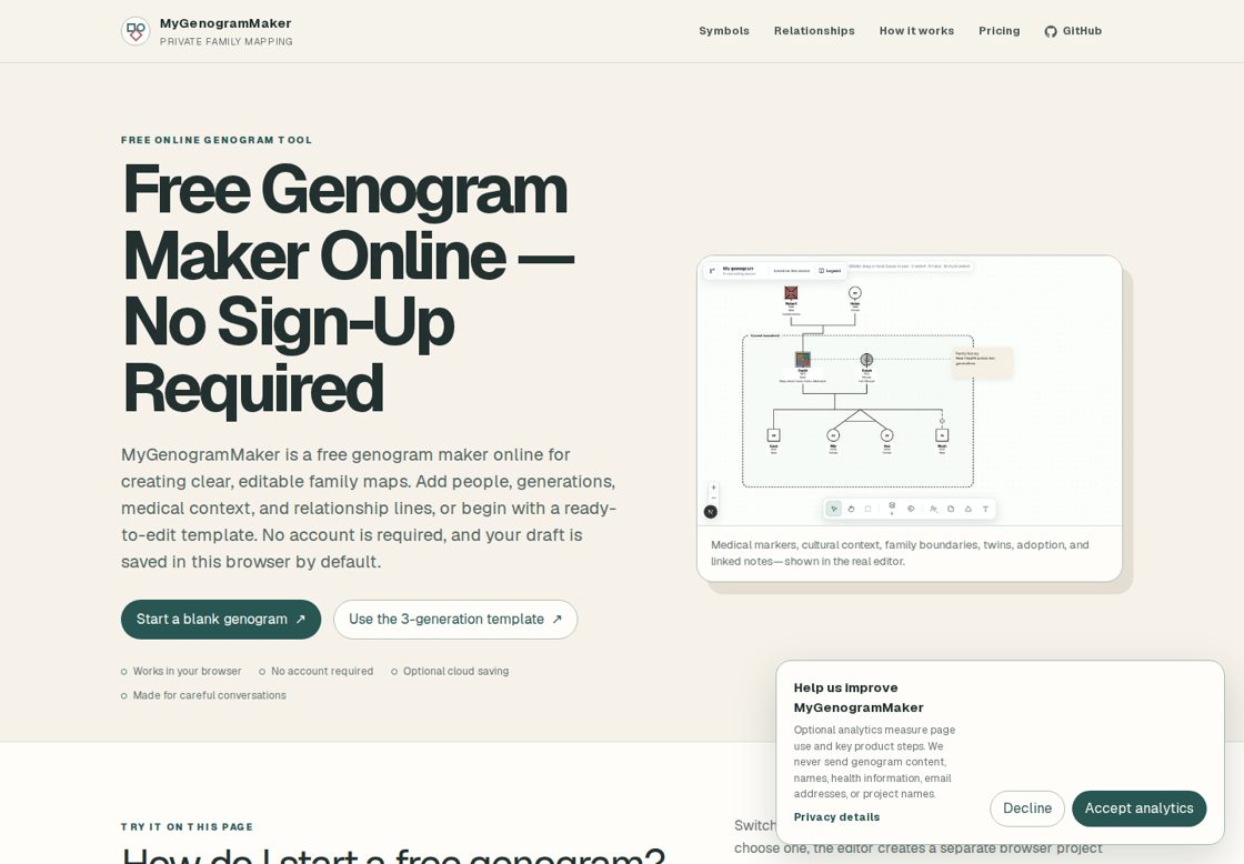 MyGenogramMaker homepage, first screen