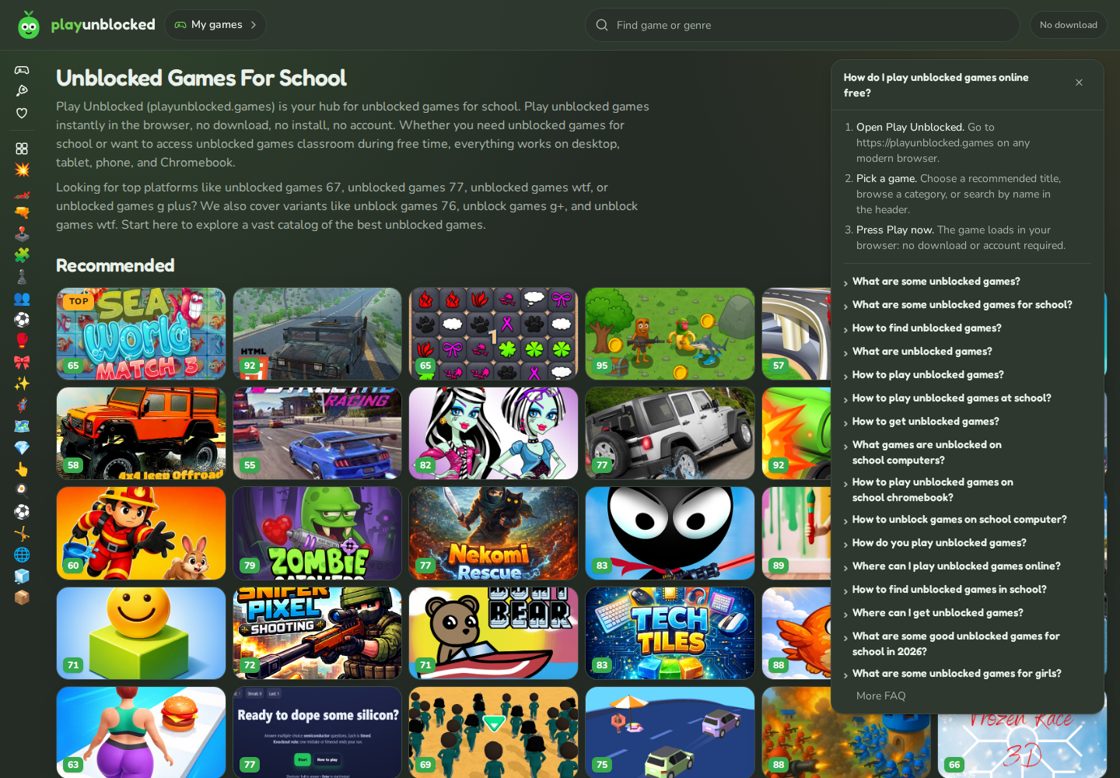 PlayUnblocked.games homepage, first screen