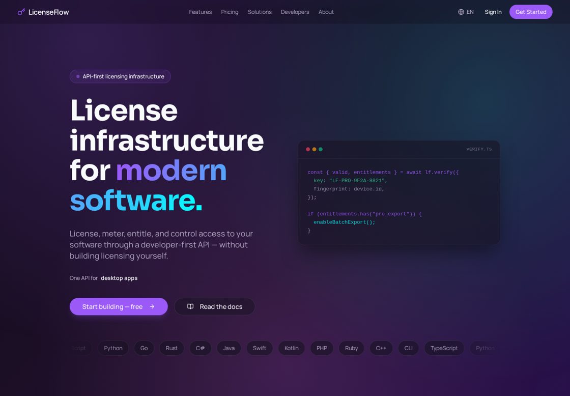 LicenseFlow homepage, first screen