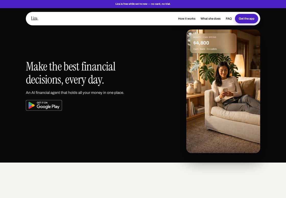 Liza AI homepage, first screen