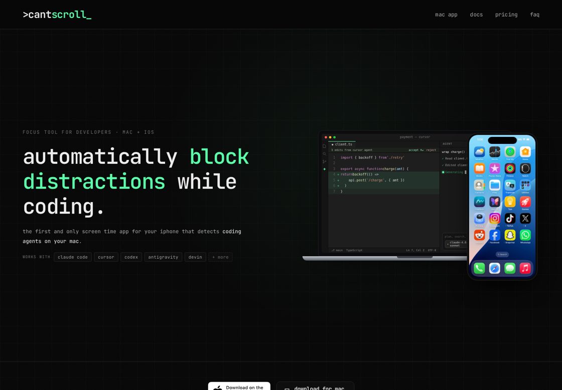 cantscroll homepage, first screen