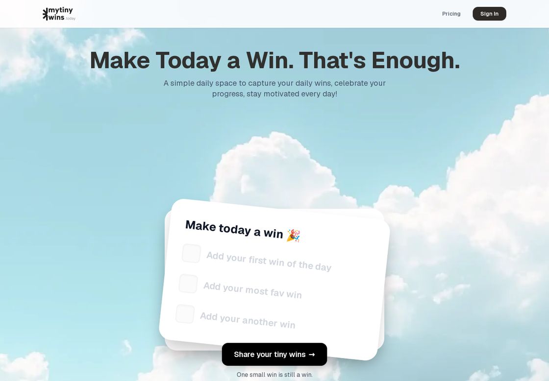My Tiny Wins homepage, first screen