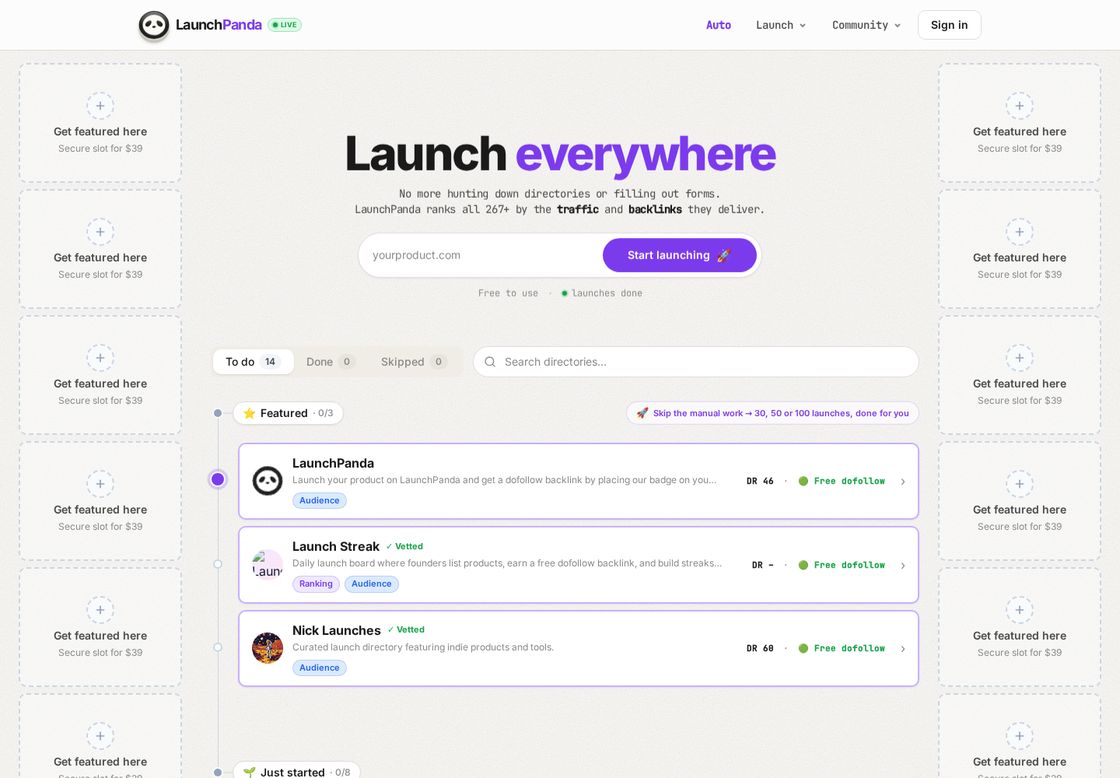LaunchPanda homepage, first screen