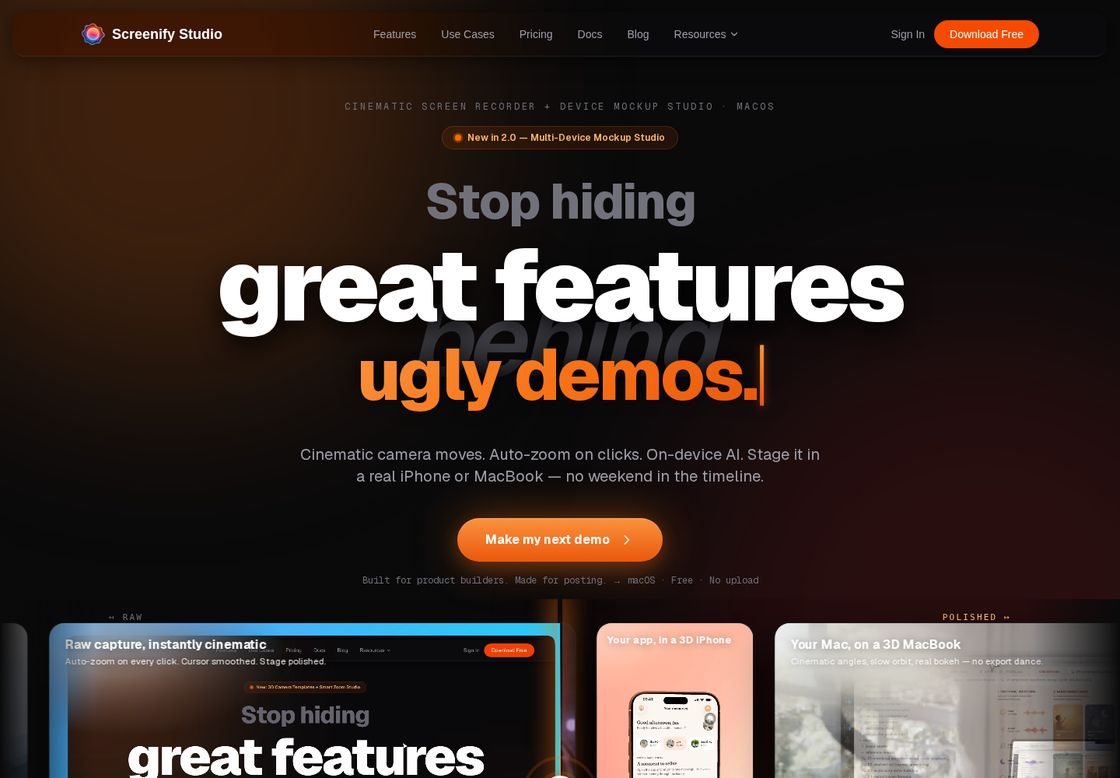 Screenify Studio homepage, first screen