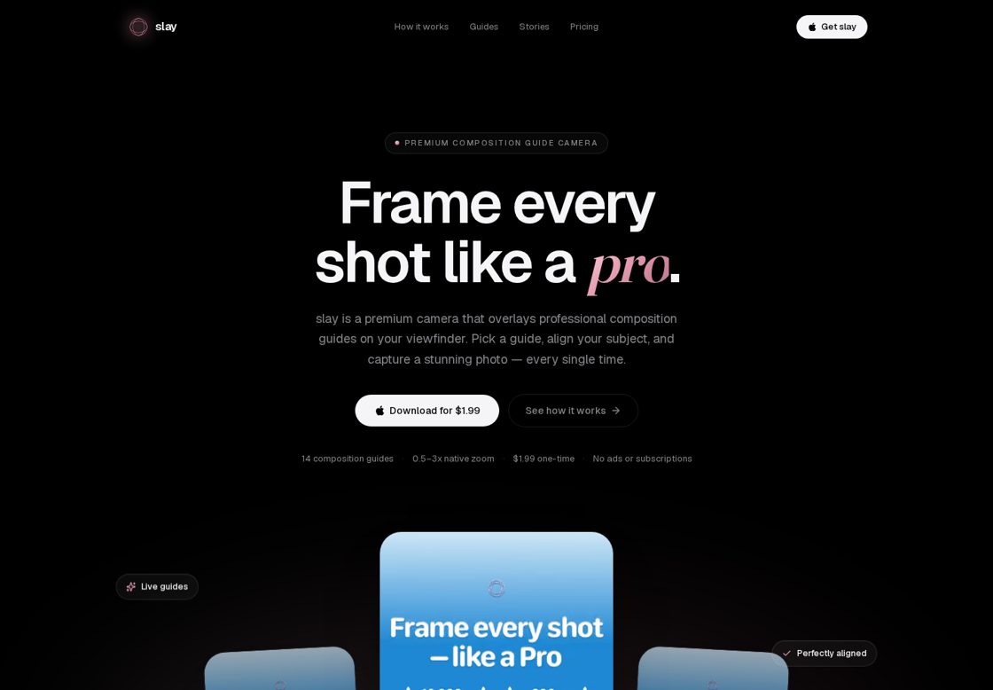 slay homepage, first screen