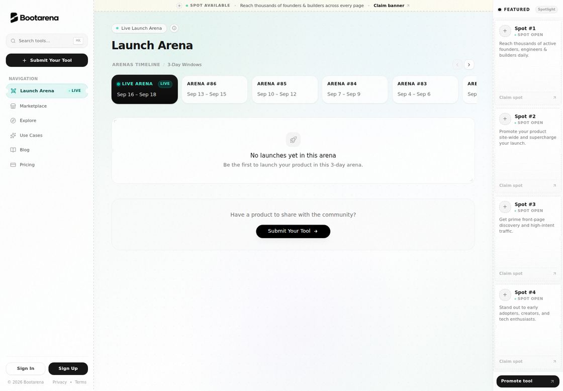 Bootarena homepage, first screen