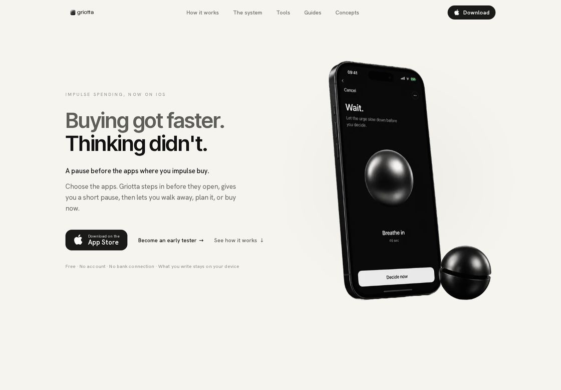 Griotta homepage, first screen