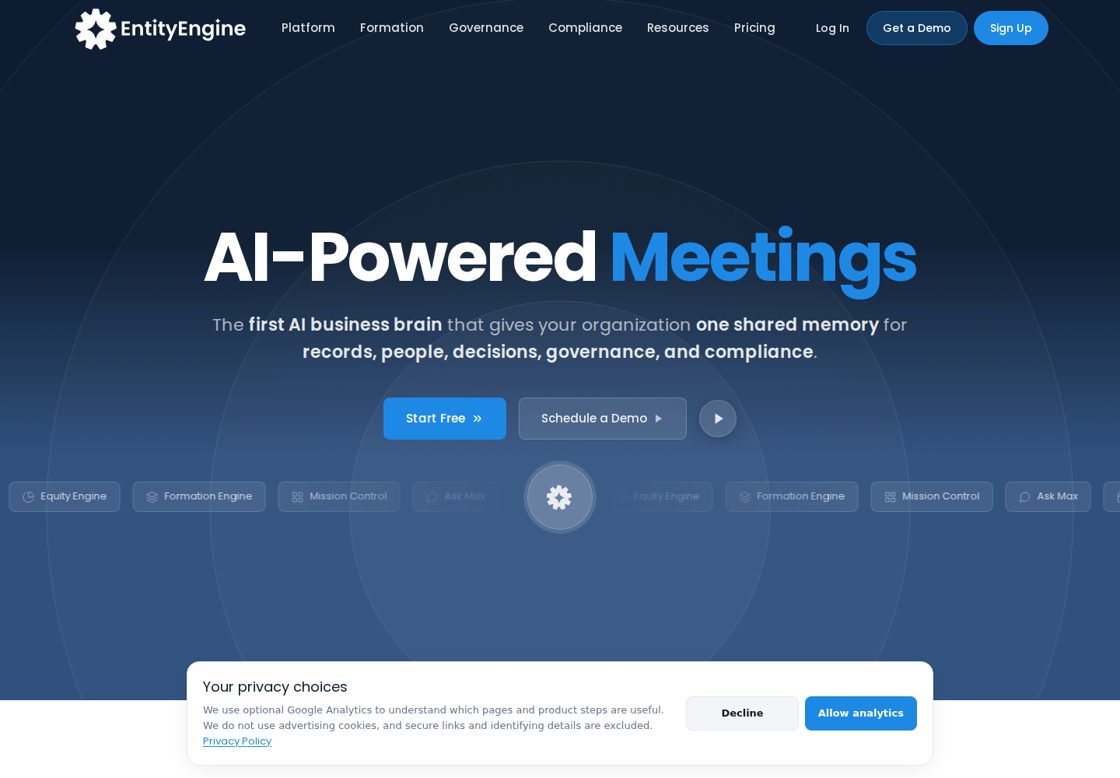 EntityEngine homepage, first screen