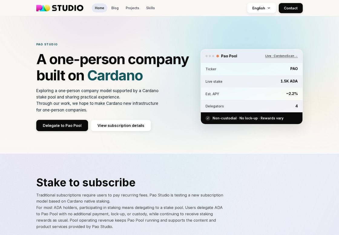 Pao Studio homepage, first screen