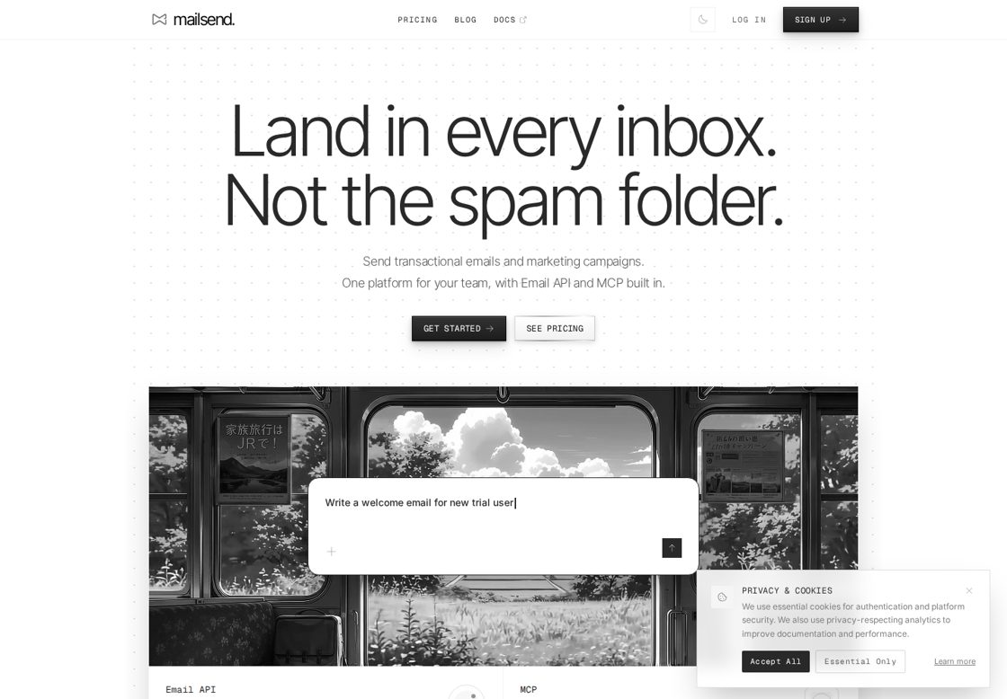 MailSend homepage, first screen