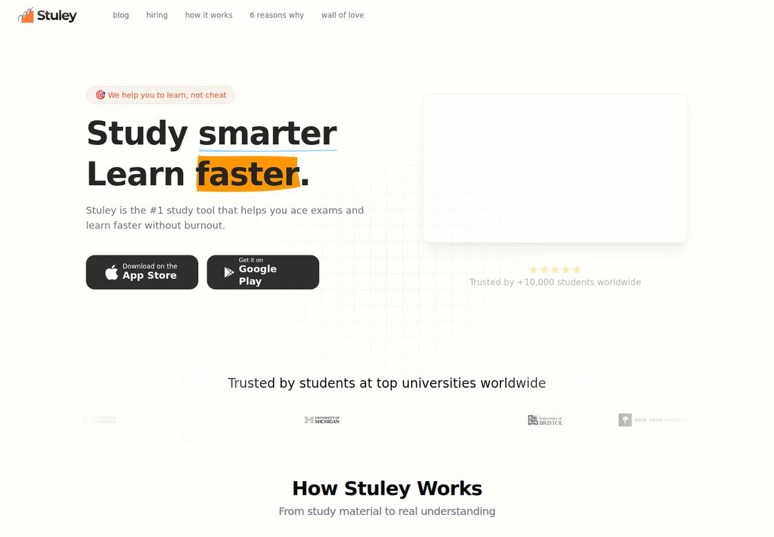 Stuley homepage, first screen