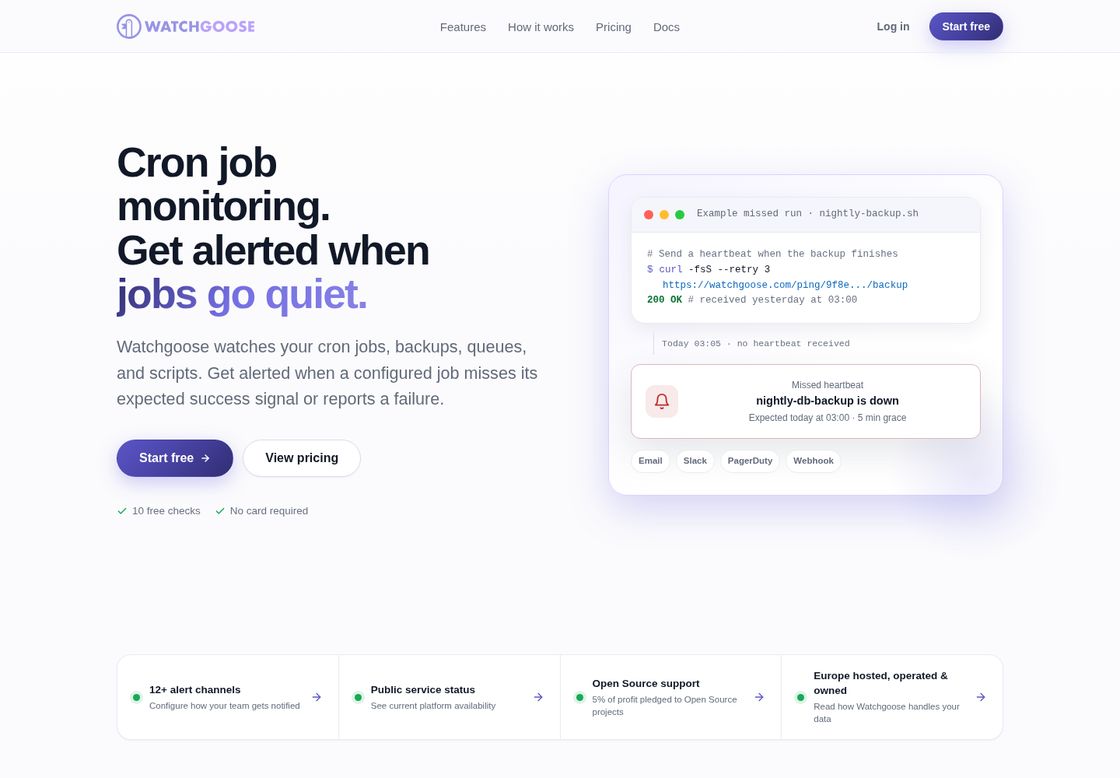 Watchgoose homepage, first screen