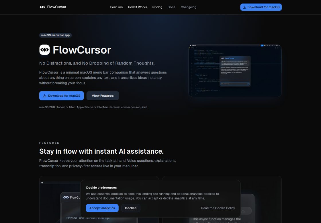 FlowCursor homepage, first screen