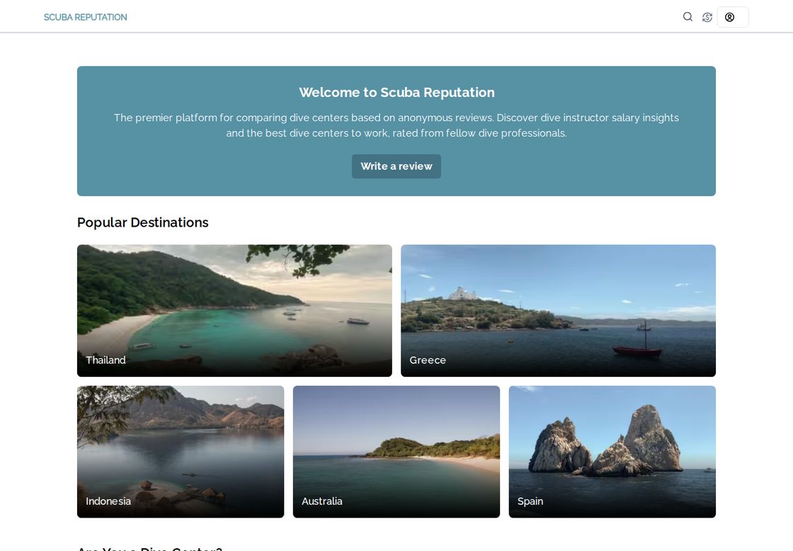 ScubaReputation homepage, first screen