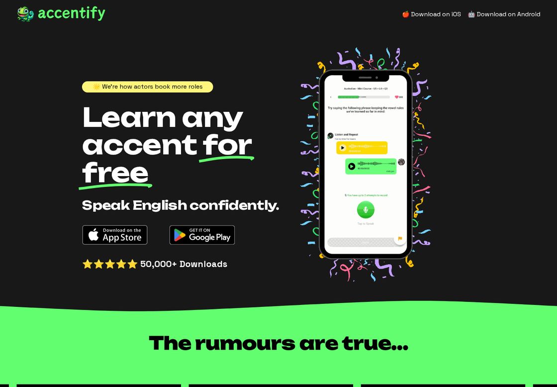 Accentify homepage, first screen