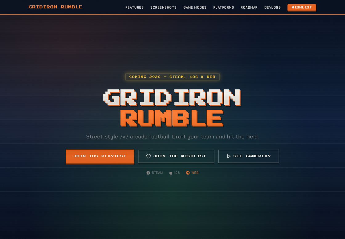 Gridiron Rumble homepage, first screen