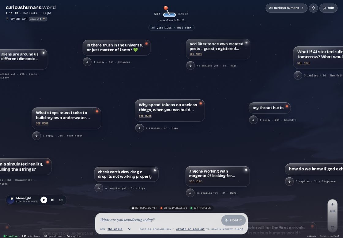 curious humans homepage, first screen