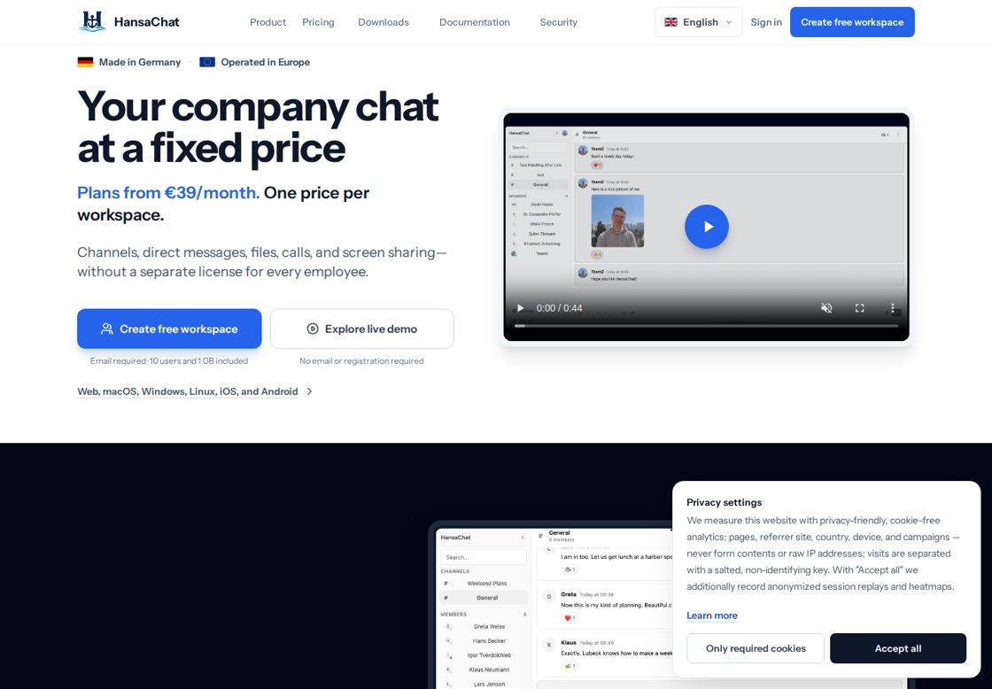 HansaChat homepage, first screen